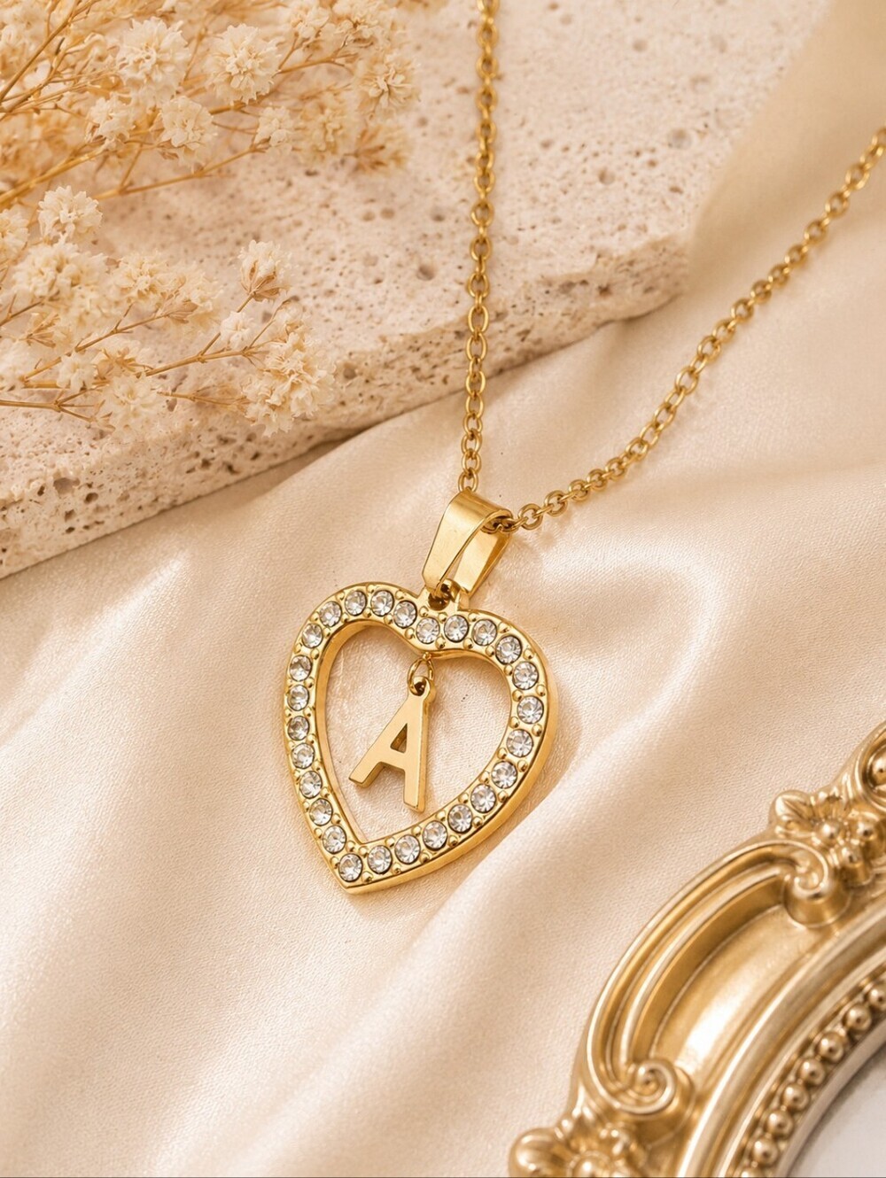 Gold Initial A Heart Rhinestone Necklace Stainless Steel Personalized Gift